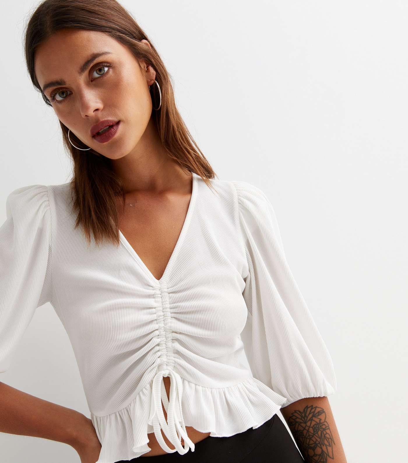 Cream Ribbed Ruched Tie Front Crop Top Image 3