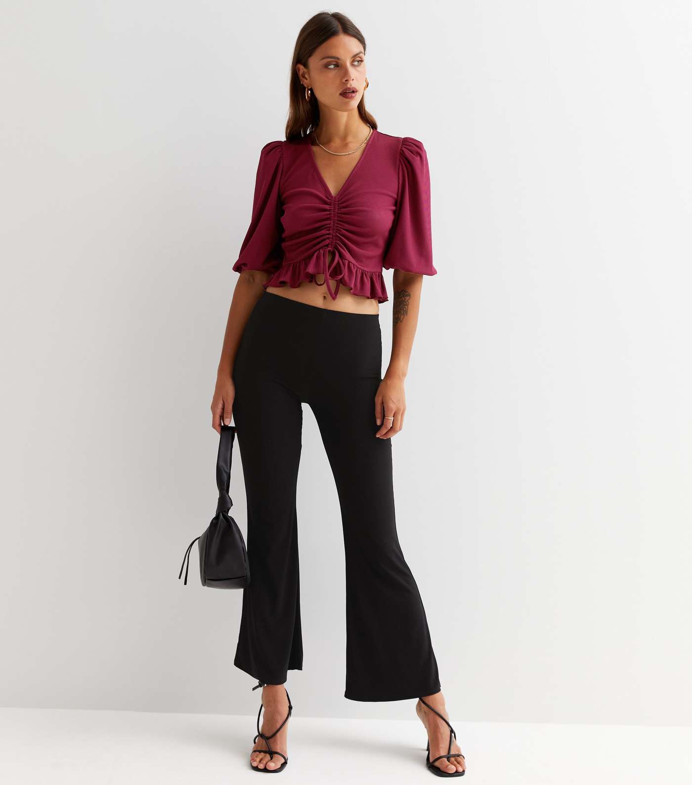 Burgundy Ribbed Ruched Tie Front Crop Top Image 2