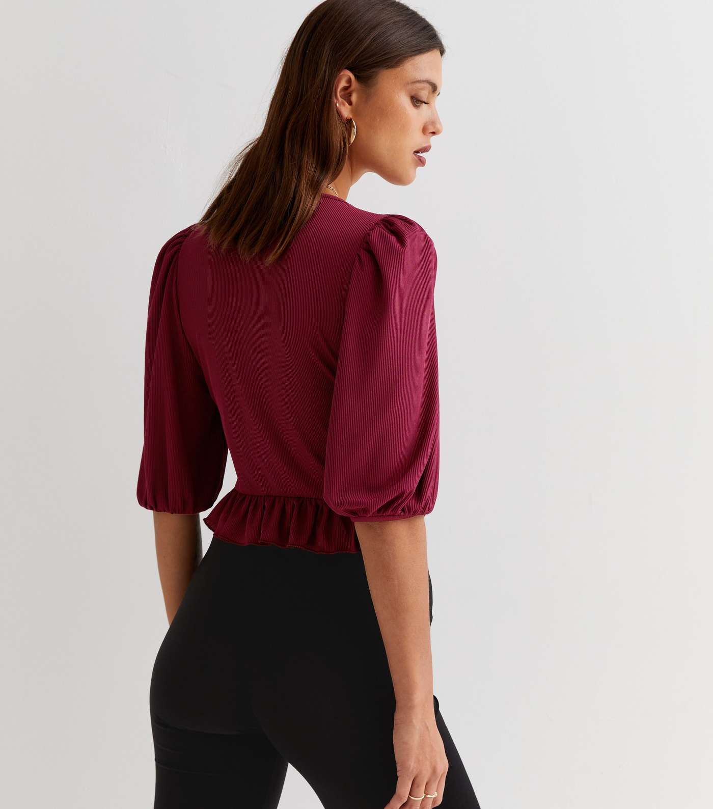 Burgundy Ribbed Ruched Tie Front Crop Top Image 4