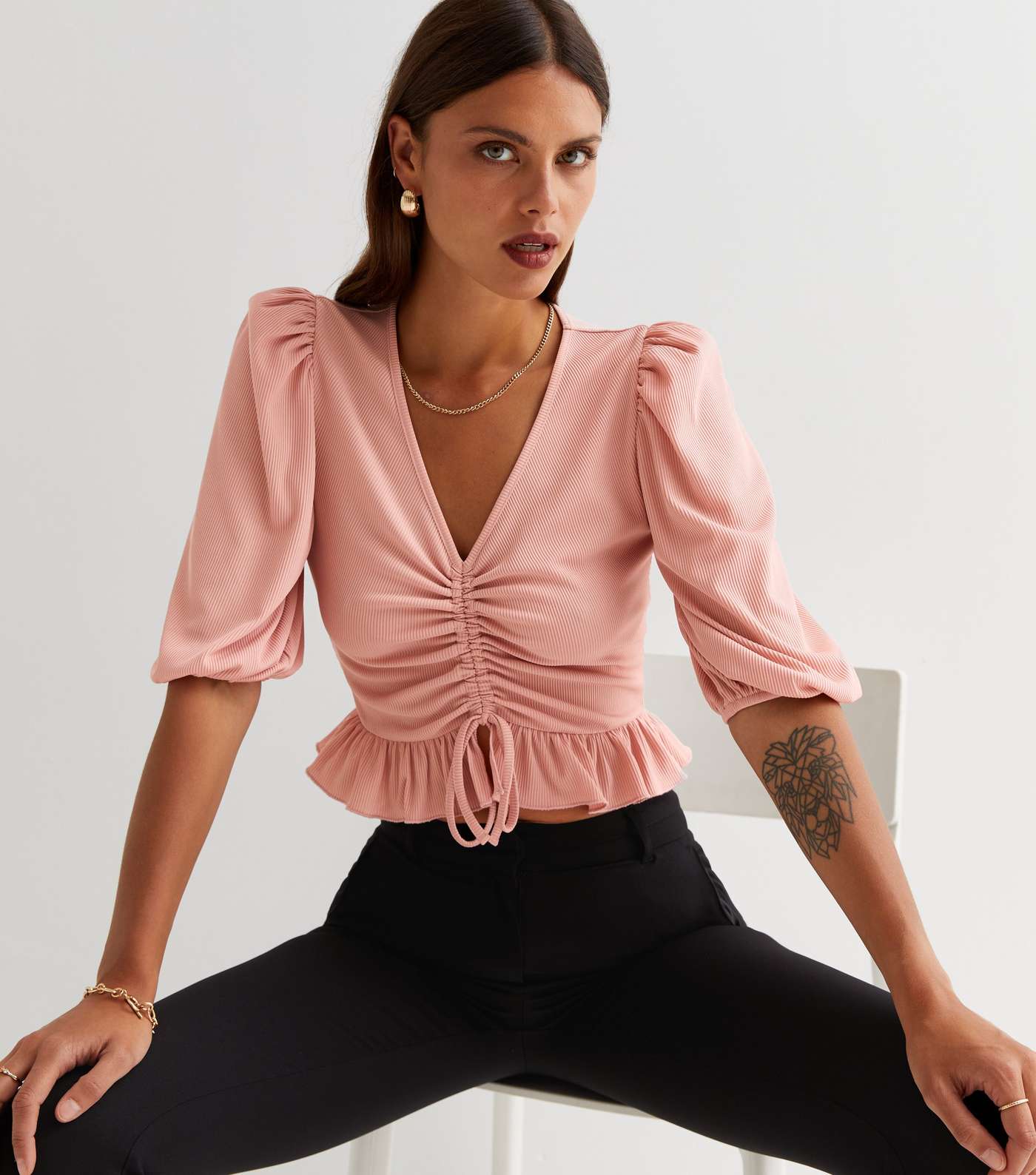 Pink Ribbed Ruched Tie Front Crop Top Image 2