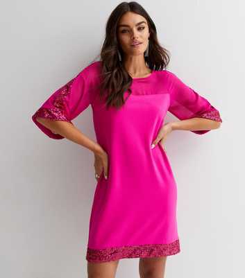 Bright Pink Crew Neck 1/2 Sleeve Sequin Trim Mini Tunic Dress