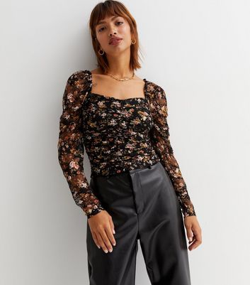 Black mesh cheap top with flowers