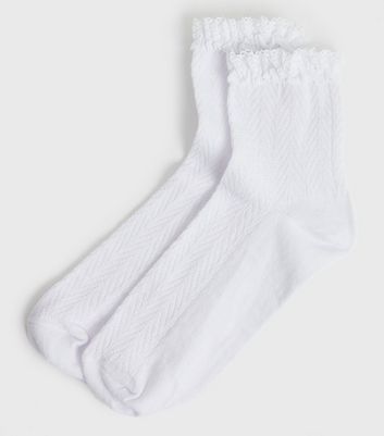 White Cable Knit Frill Socks | New Look