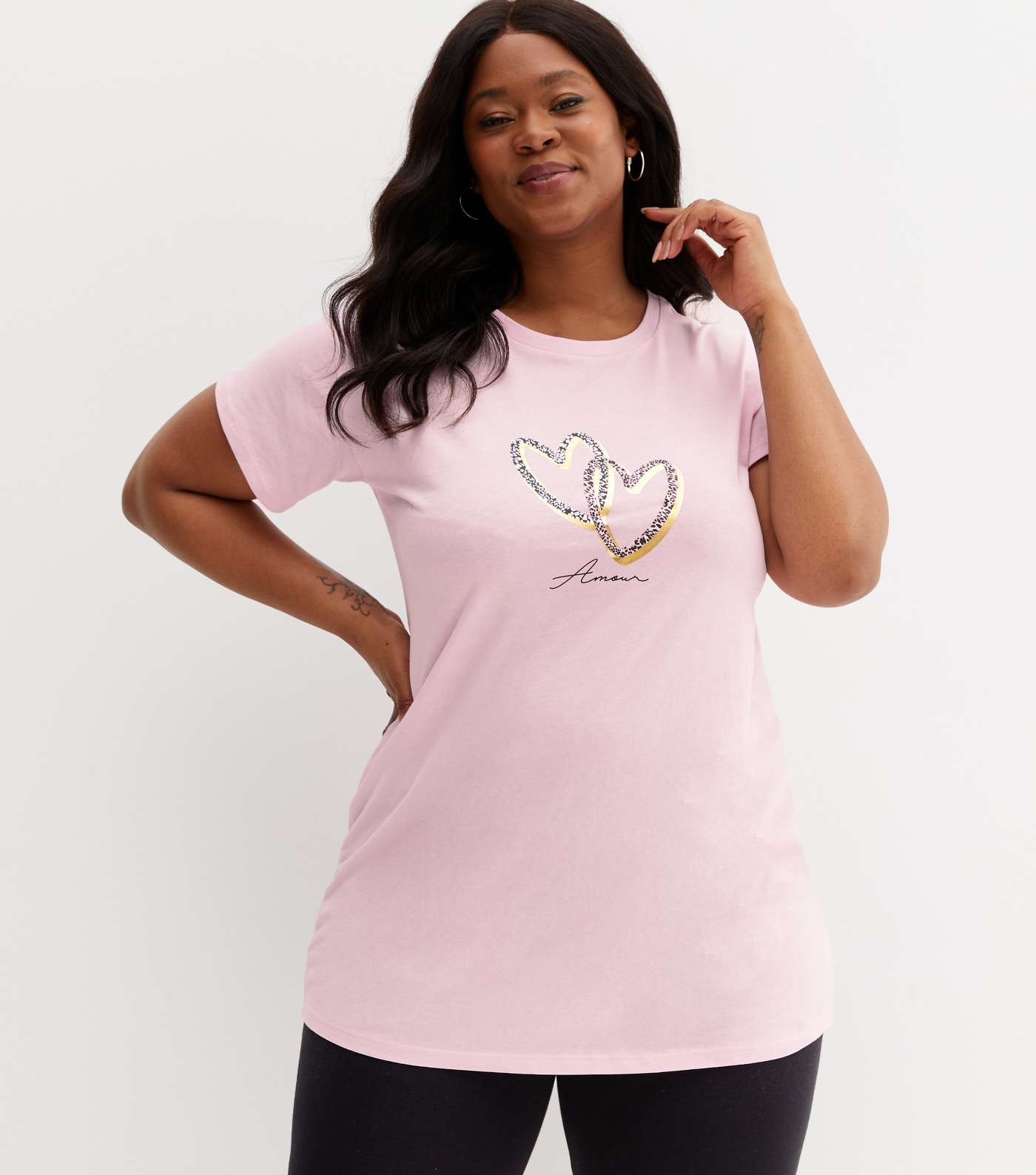 Curves Mid Pink Heart Metallic Leopard Print Logo T-Shirt Image 2