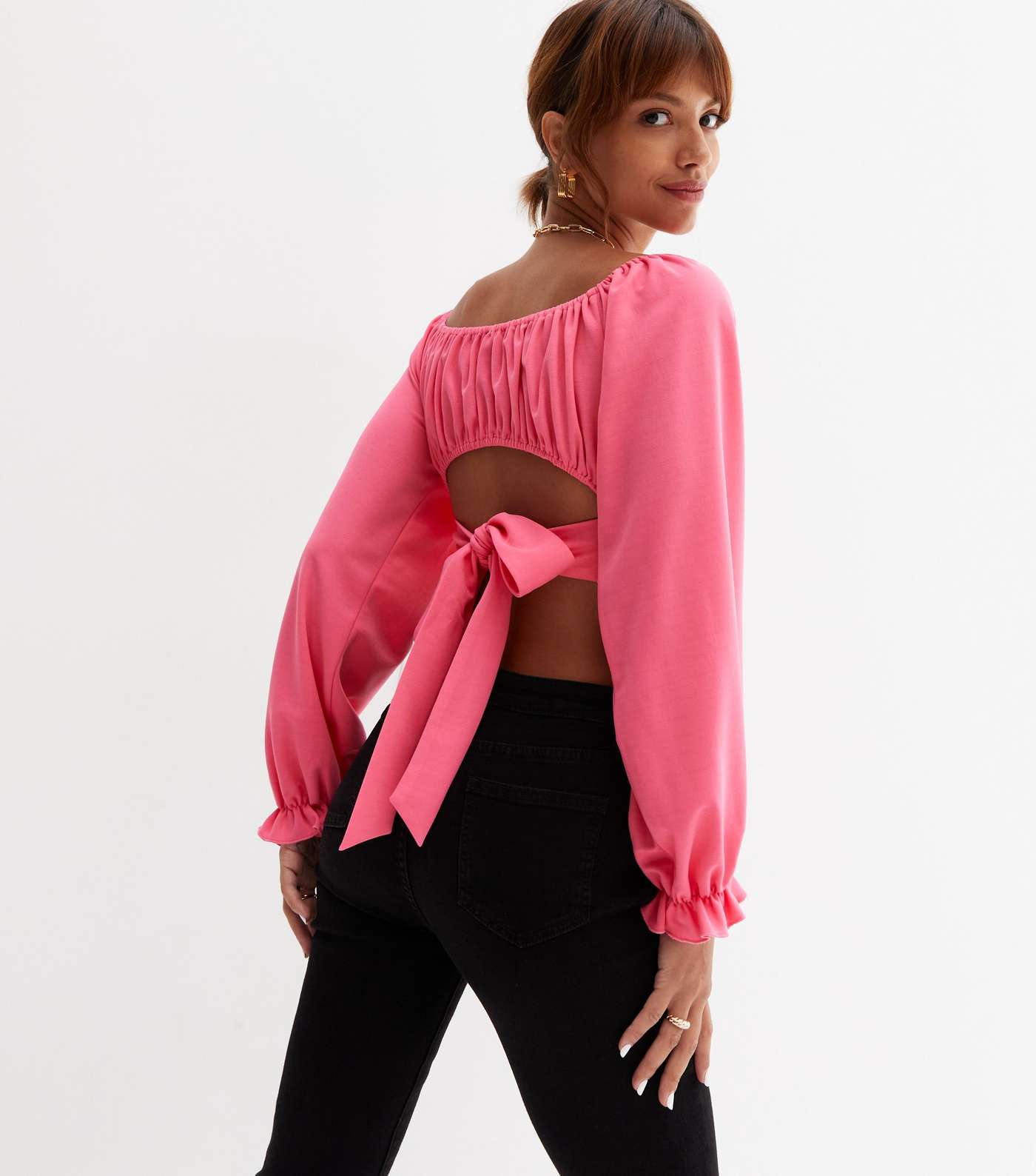 Cameo Rose Bright Pink Long Puff Sleeve Tie Back Crop Top