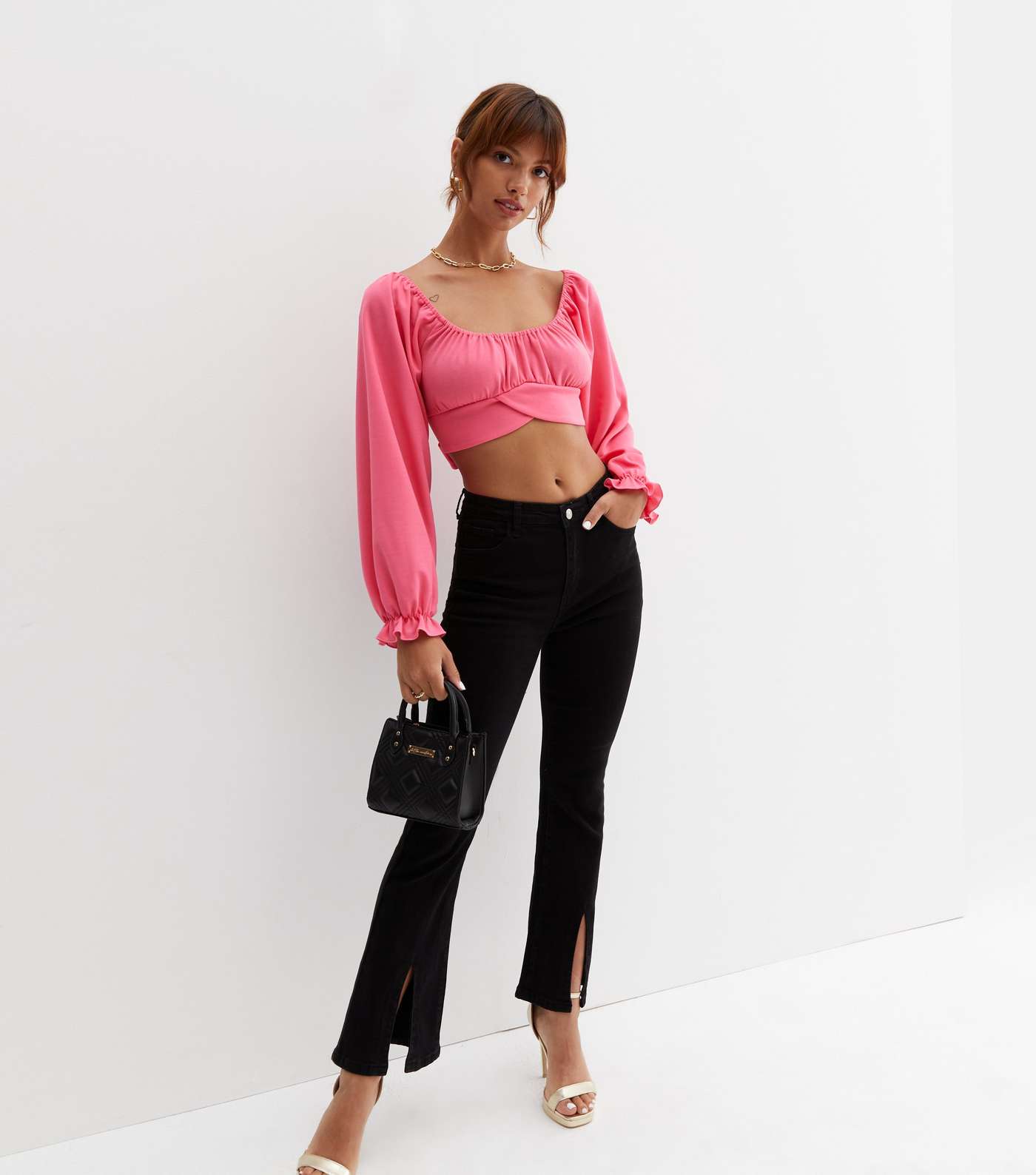 Cameo Rose Bright Pink Long Puff Sleeve Tie Back Crop Top Image 3