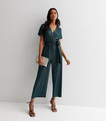 Green Glitter Tie Side Wrap Over Jumpsuit New Look