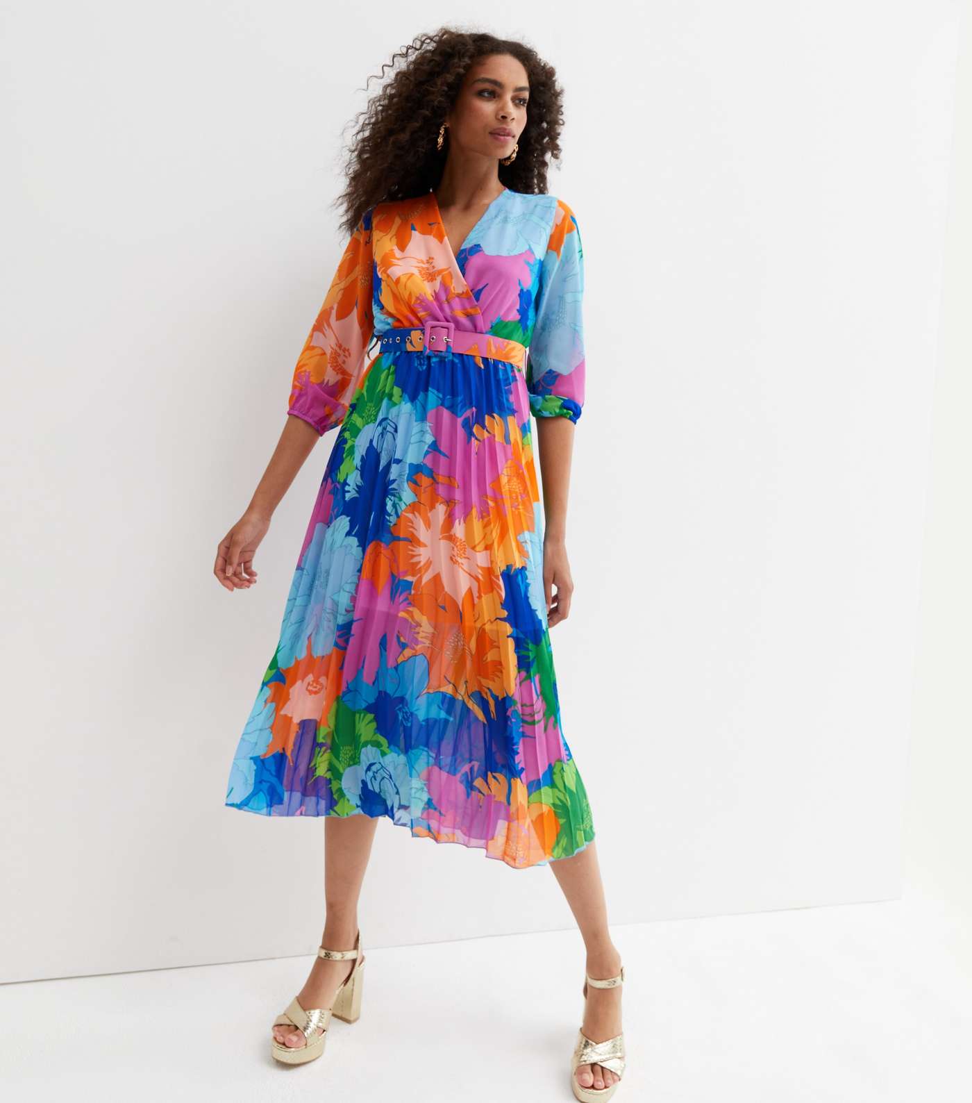 Cameo Rose Multicoloured Floral Chiffon Belted Pleated Midi Dress