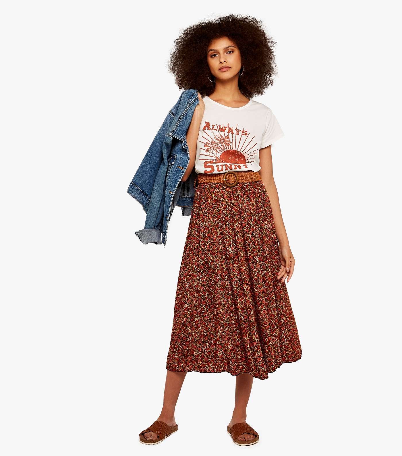 Apricot Navy Ditsy Floral Belted Midi Skirt