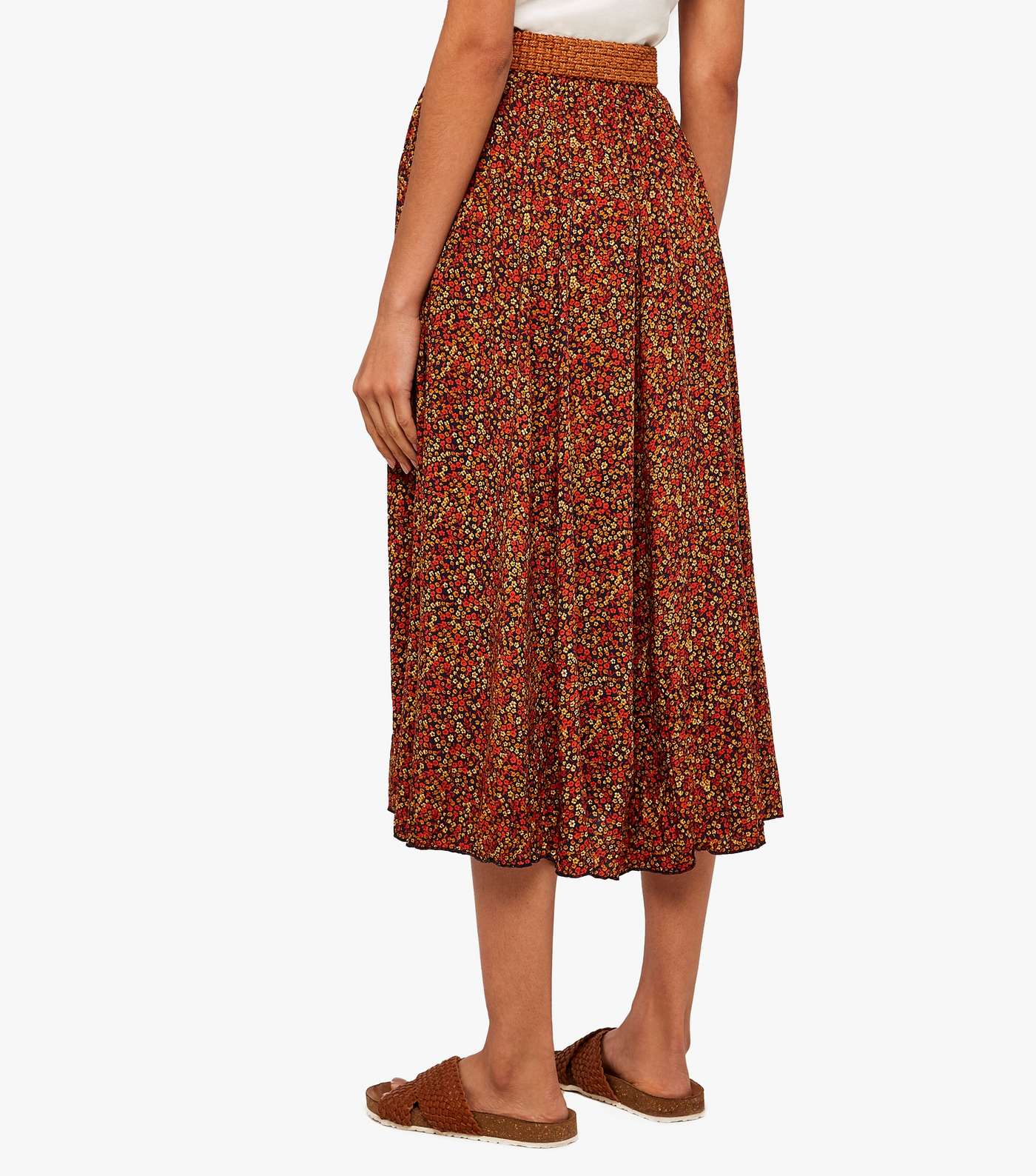 Apricot Navy Ditsy Floral Belted Midi Skirt Image 3
