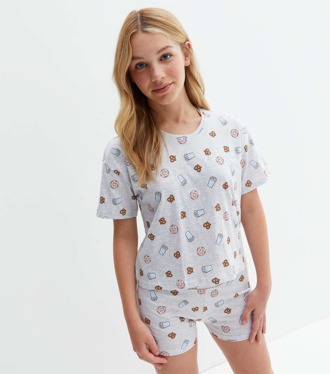 Girls Grey Short Pyjama Set with Snack Print Image 2