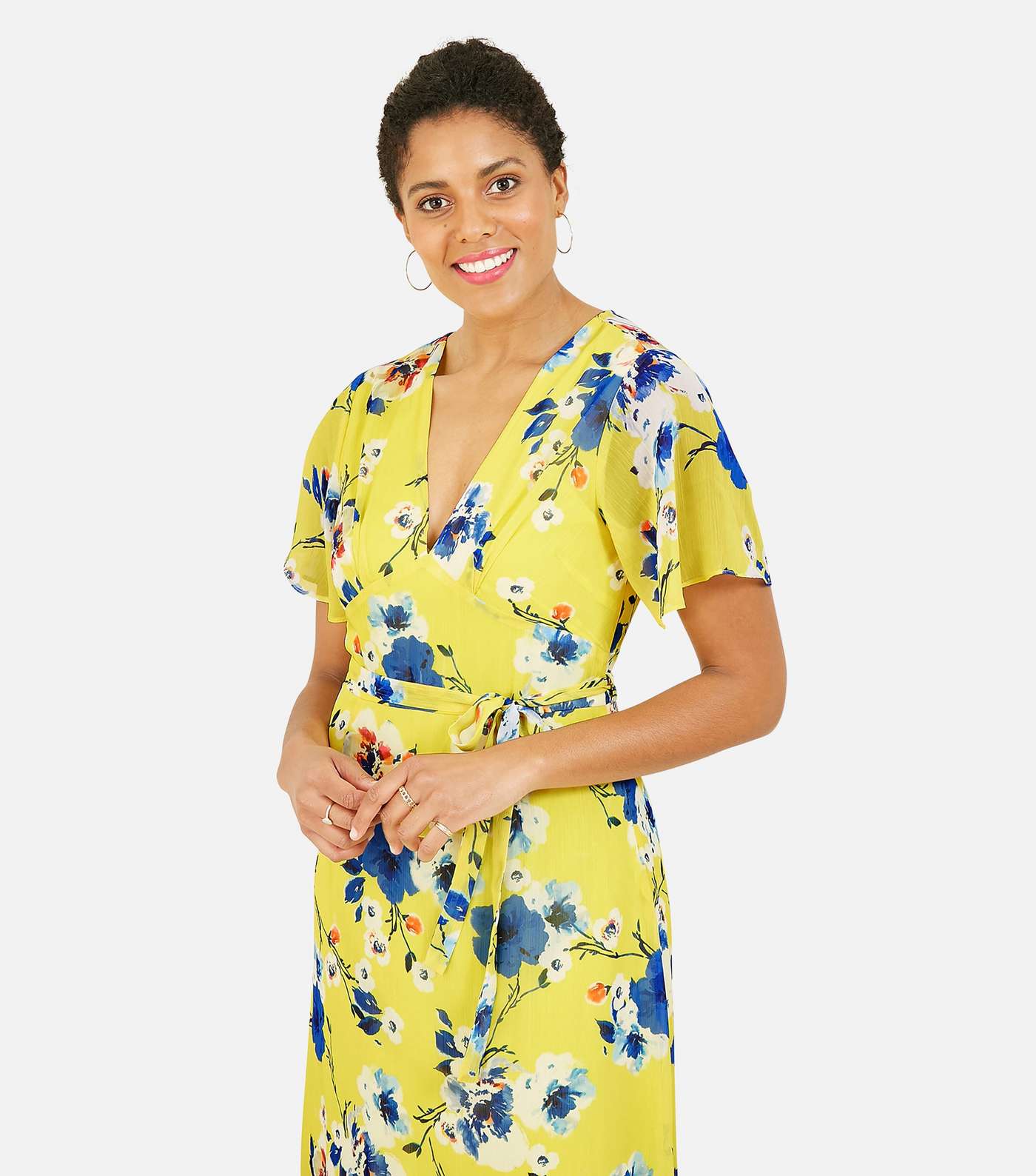 Yumi Yellow Floral Tiered Maxi Wrap Dress Image 2