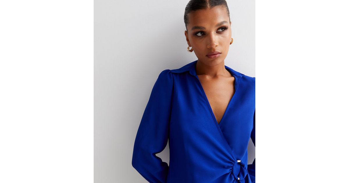 Elcot LONG Sleeve Blouse with V Neckline and Frill Detail - Baby Blue, Off White