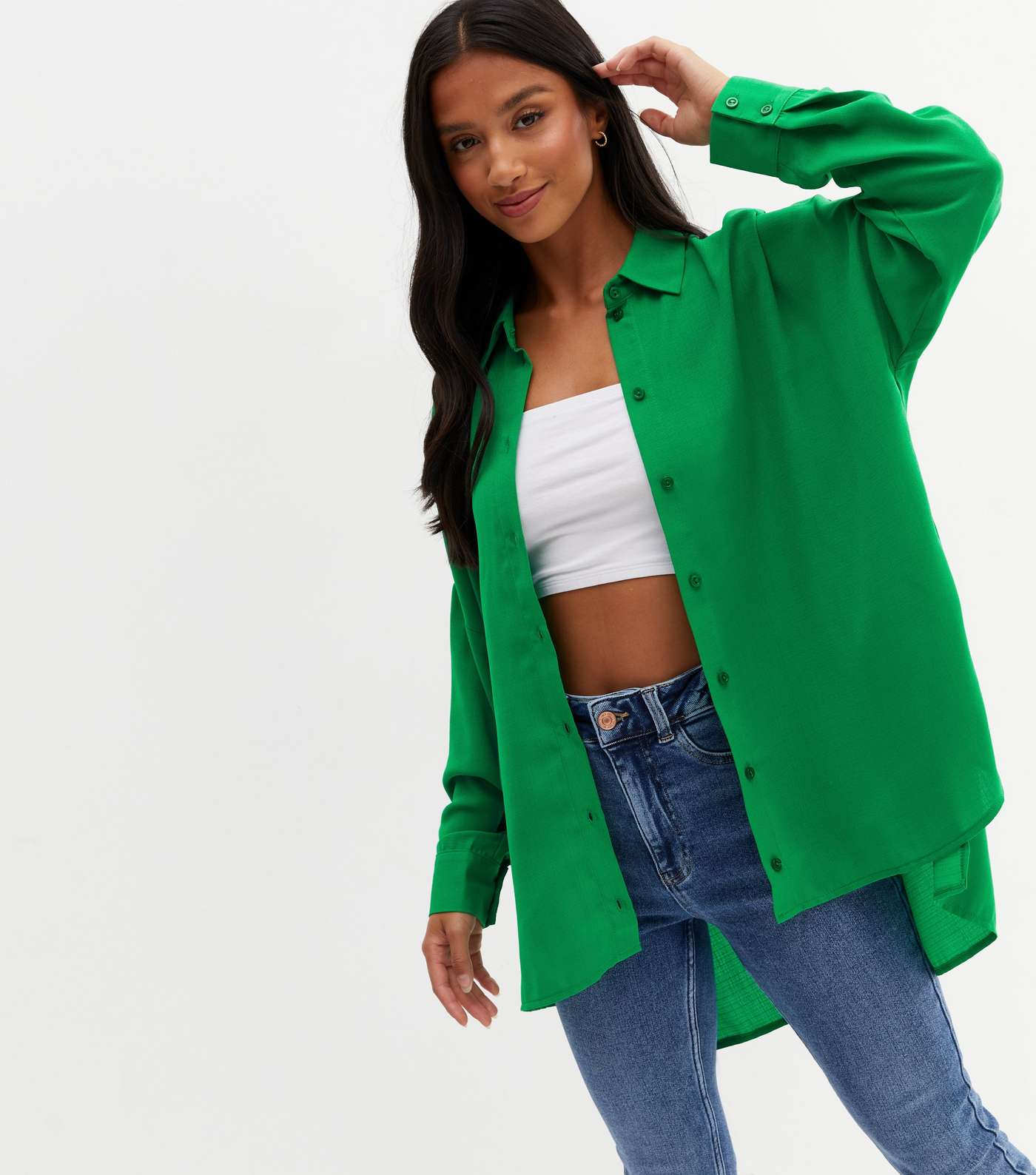 Petite Green Long Sleeve Oversized Shirt