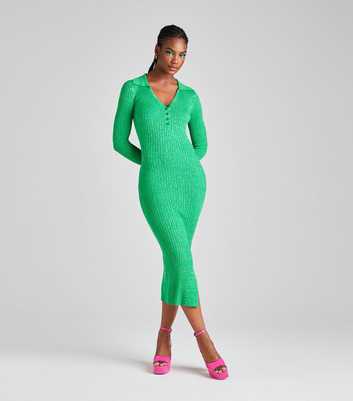 Urban Bliss Green Ribbed Knit Button Front Midi Polo Dress