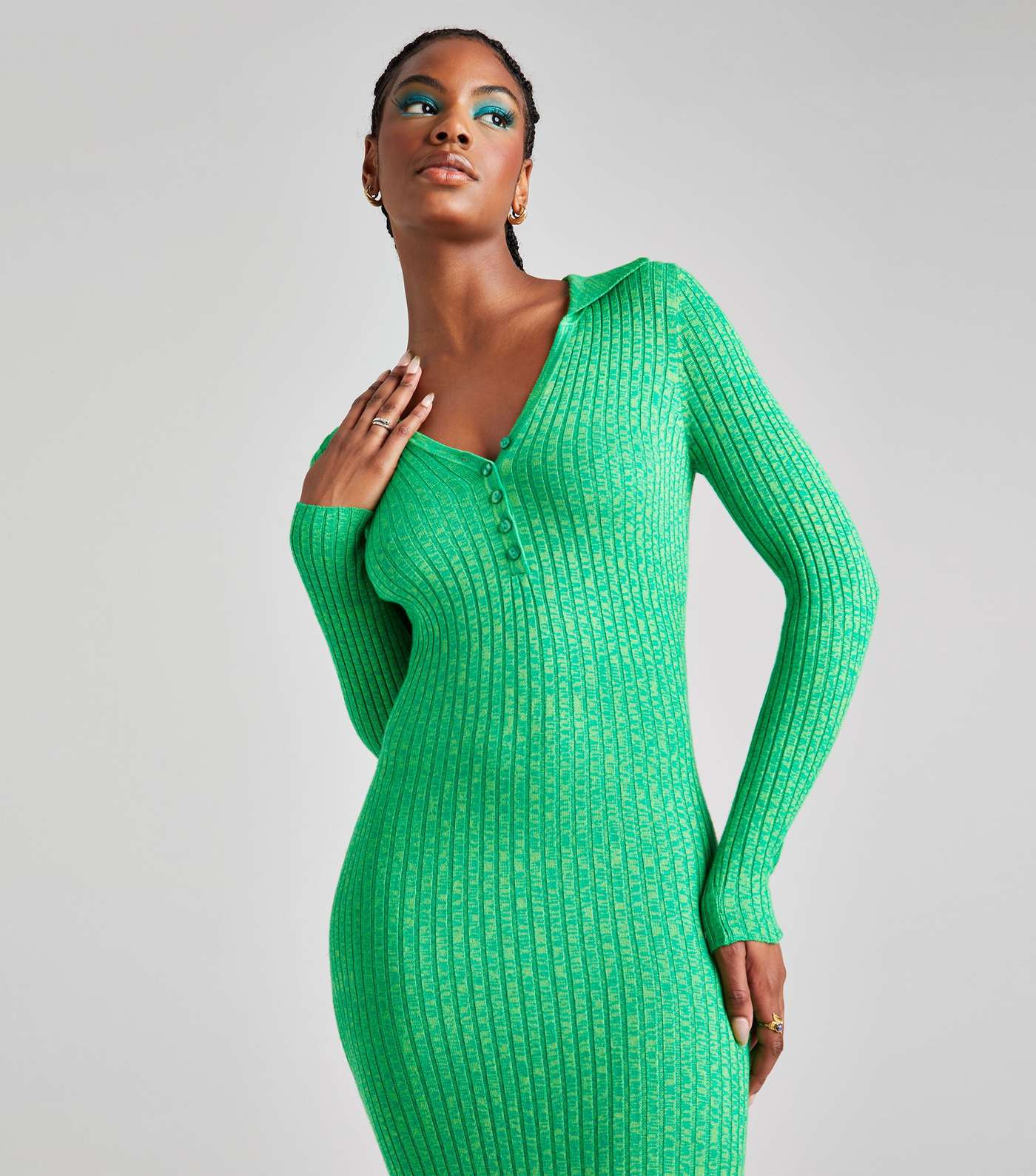 Urban Bliss Green Ribbed Knit Button Front Midi Polo Dress Image 2