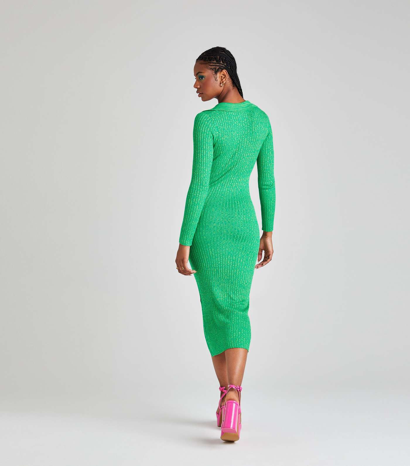 Urban Bliss Green Ribbed Knit Button Front Midi Polo Dress Image 4