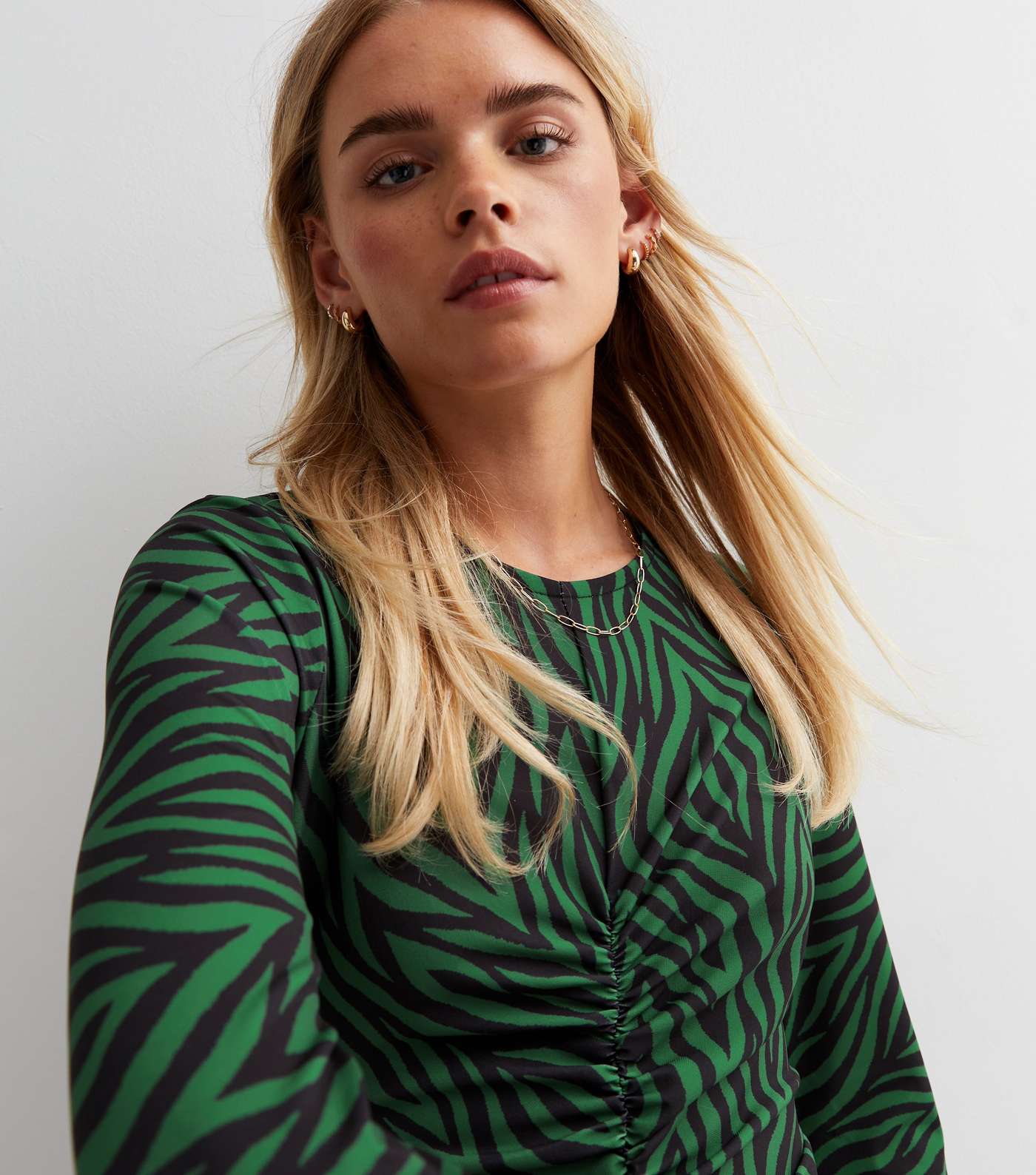Petite Green Zebra Print Long Sleeve Ruched Front Midi Dress Image 3