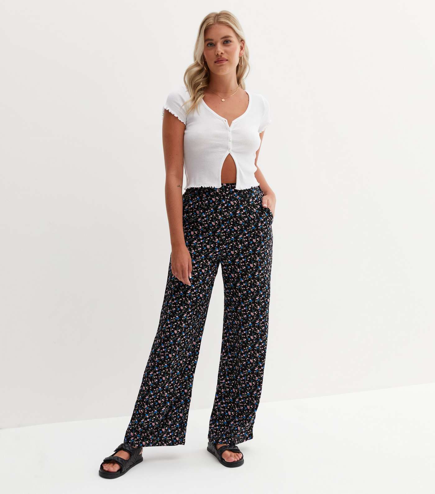 Tall Black Ditsy Floral High Waist Wide Leg Trousers
