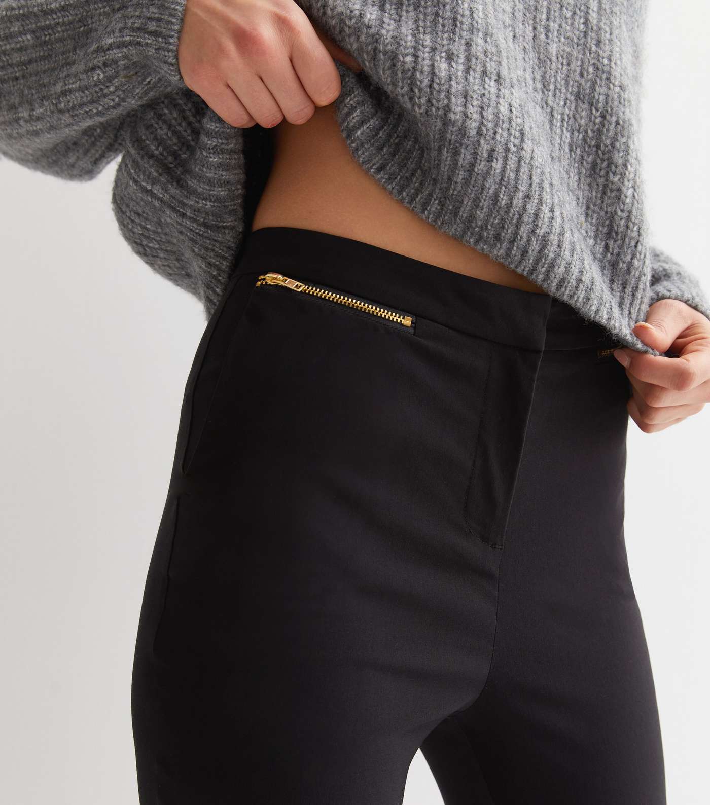 Black Zip Skinny Fit Short Length Trousers Image 3