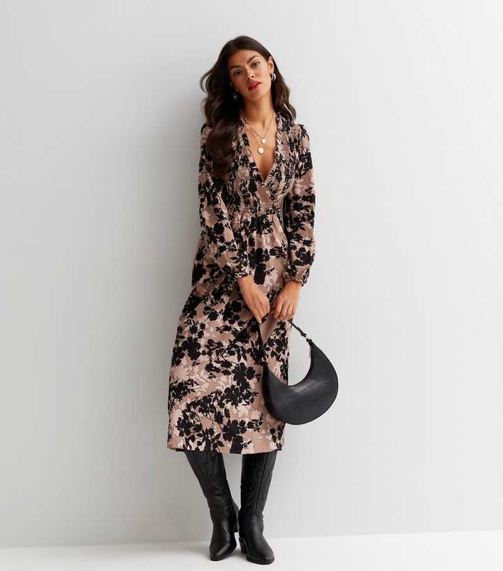 Blue Vanilla Mink Floral Shirred Long Puff Sleeve Midi Wrap Dress