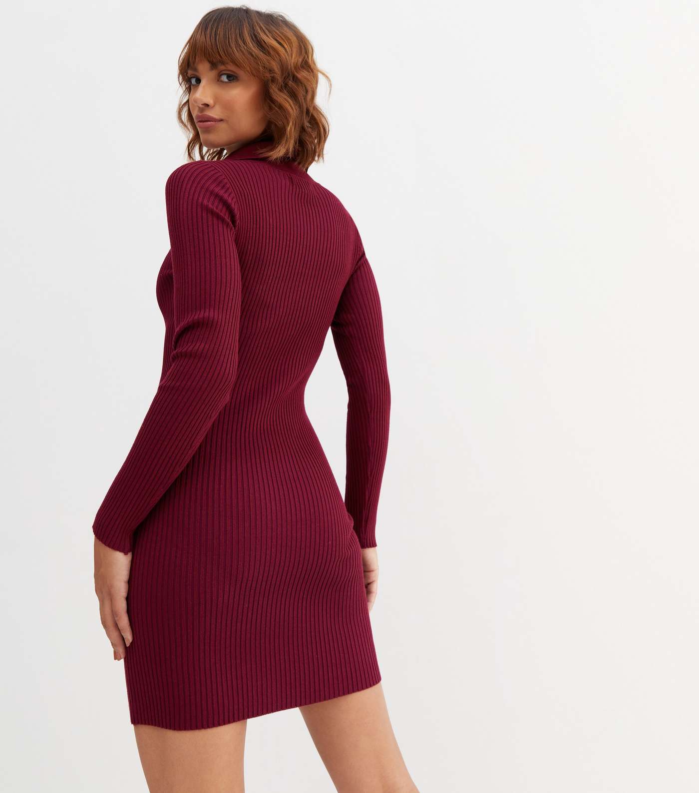 Pink Vanilla Plum Ribbed Knit Collared Button Front Mini Bodycon Dress Image 4