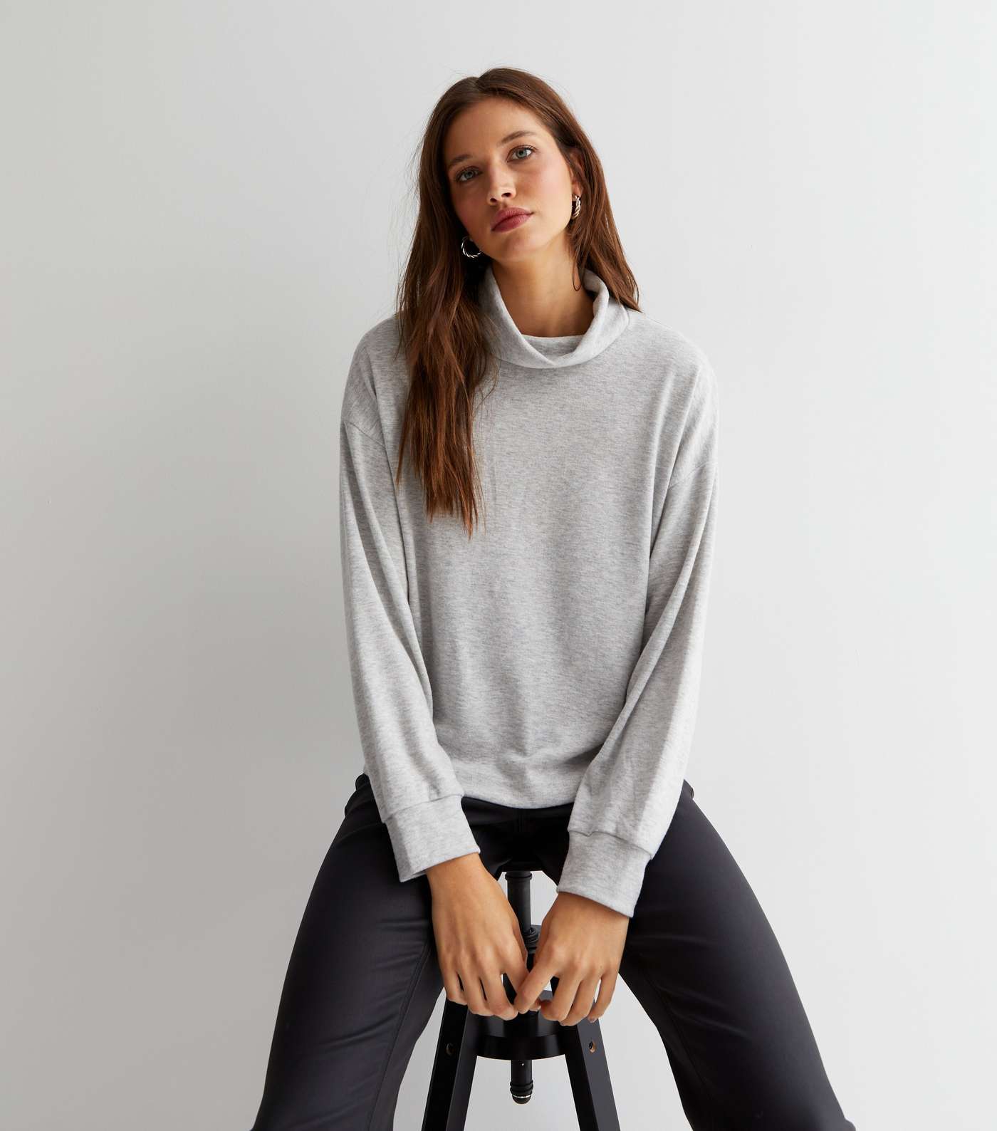 Pale Grey Brushed Knit Roll Neck Top Image 3