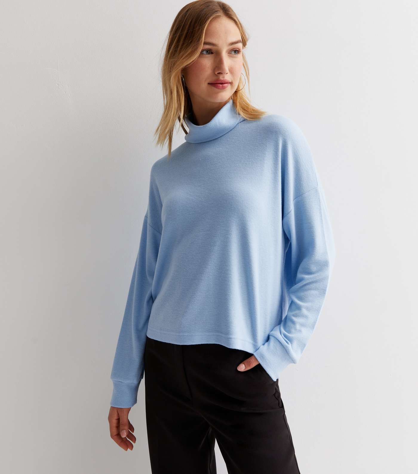 Pale Blue Brushed Knit Roll Neck Boxy Top Image 2