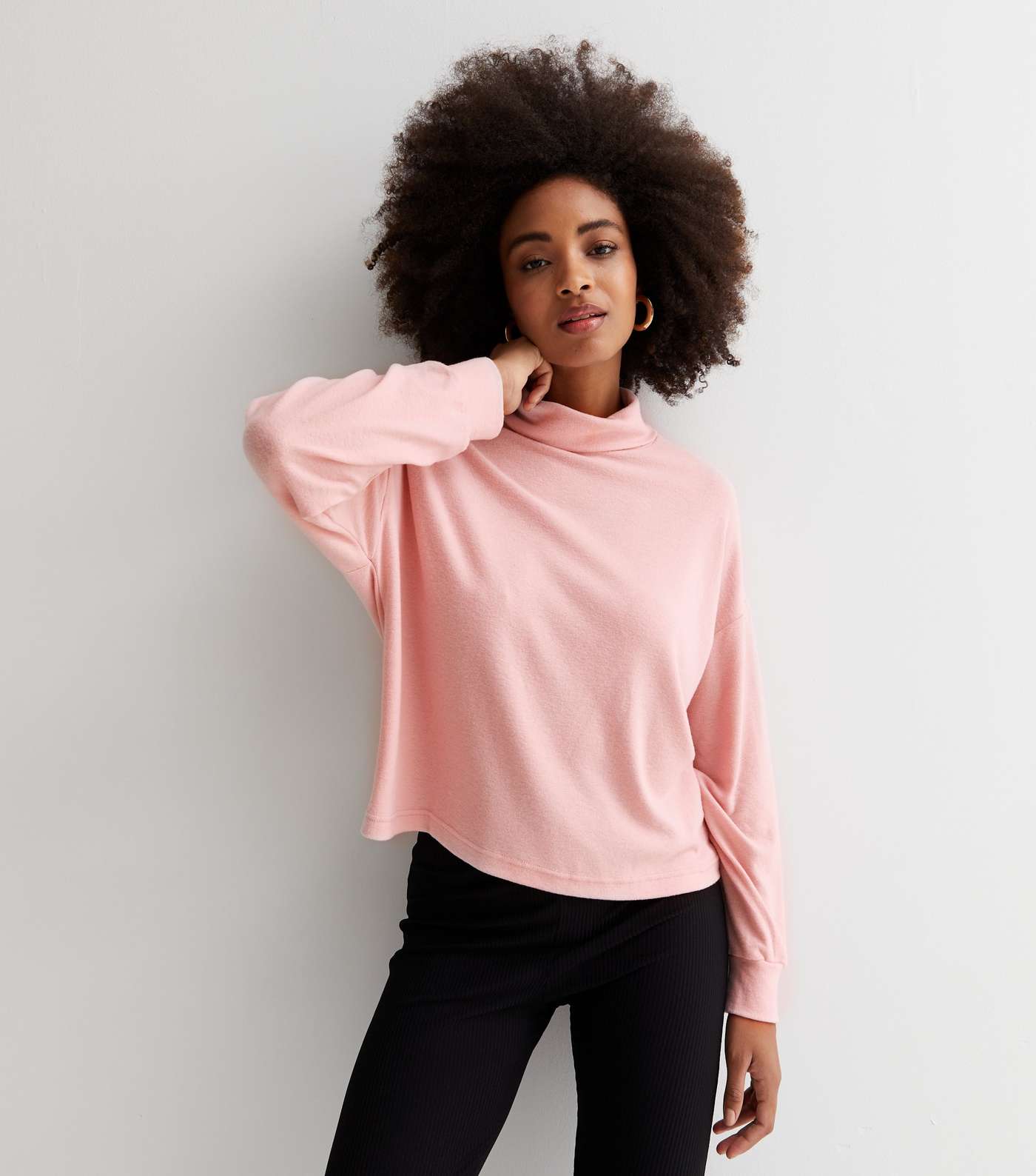 Pink Brushed Knit Roll Neck Boxy Top