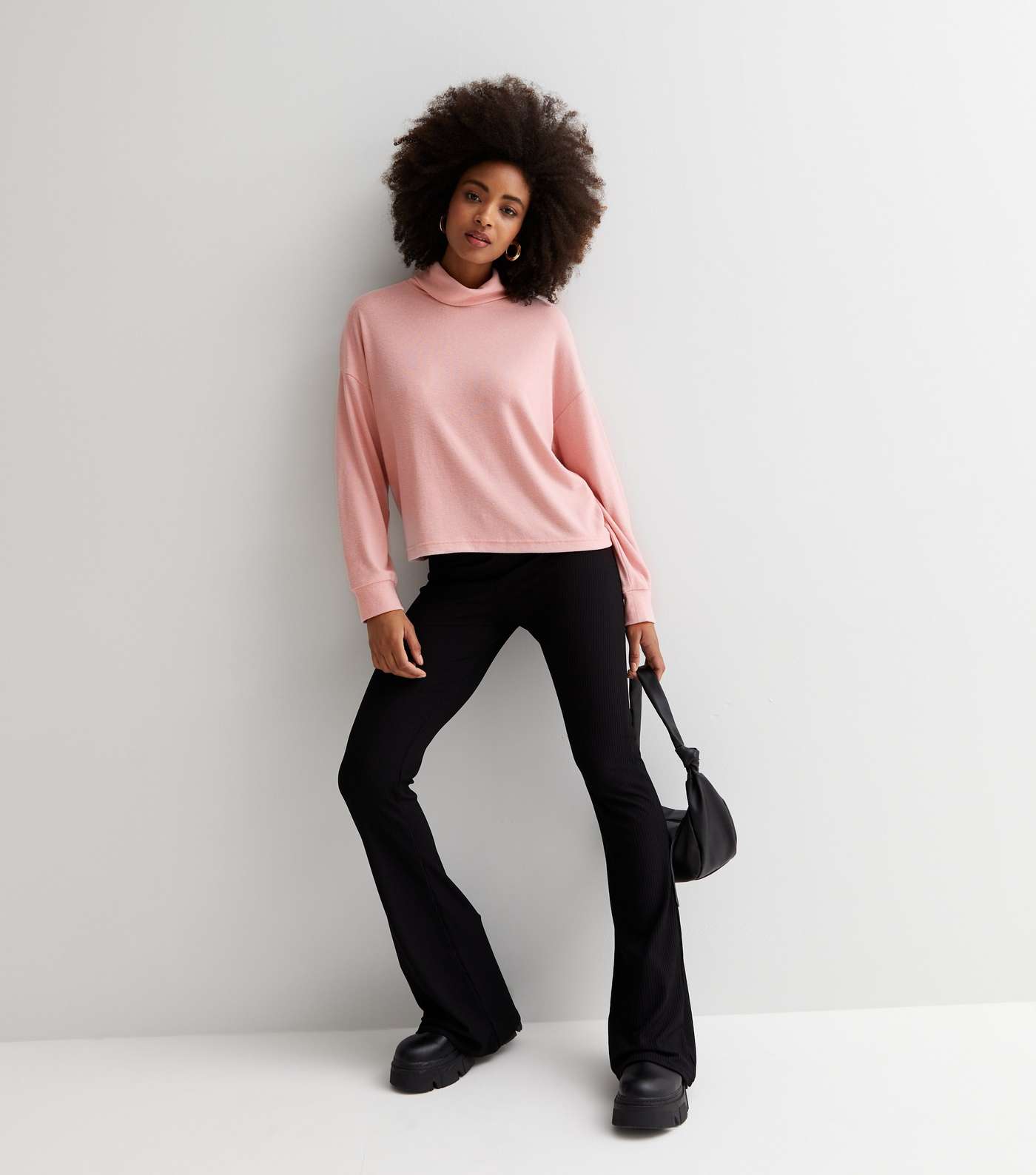Pink Brushed Knit Roll Neck Boxy Top Image 3
