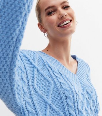 Blue Vanilla Blue Cable Knit V Neck Jumper