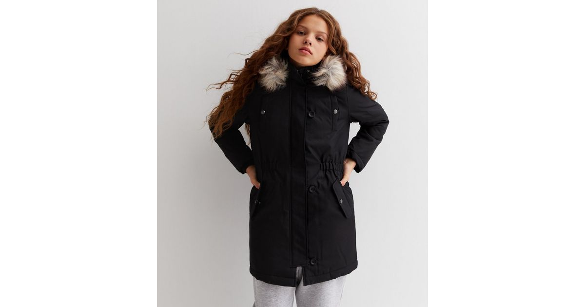 KIDS ONLY Black Faux Fur Hooded Parka Jacket New Look