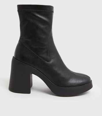Black Leather-Look Chunky Block Heel Sock Boots