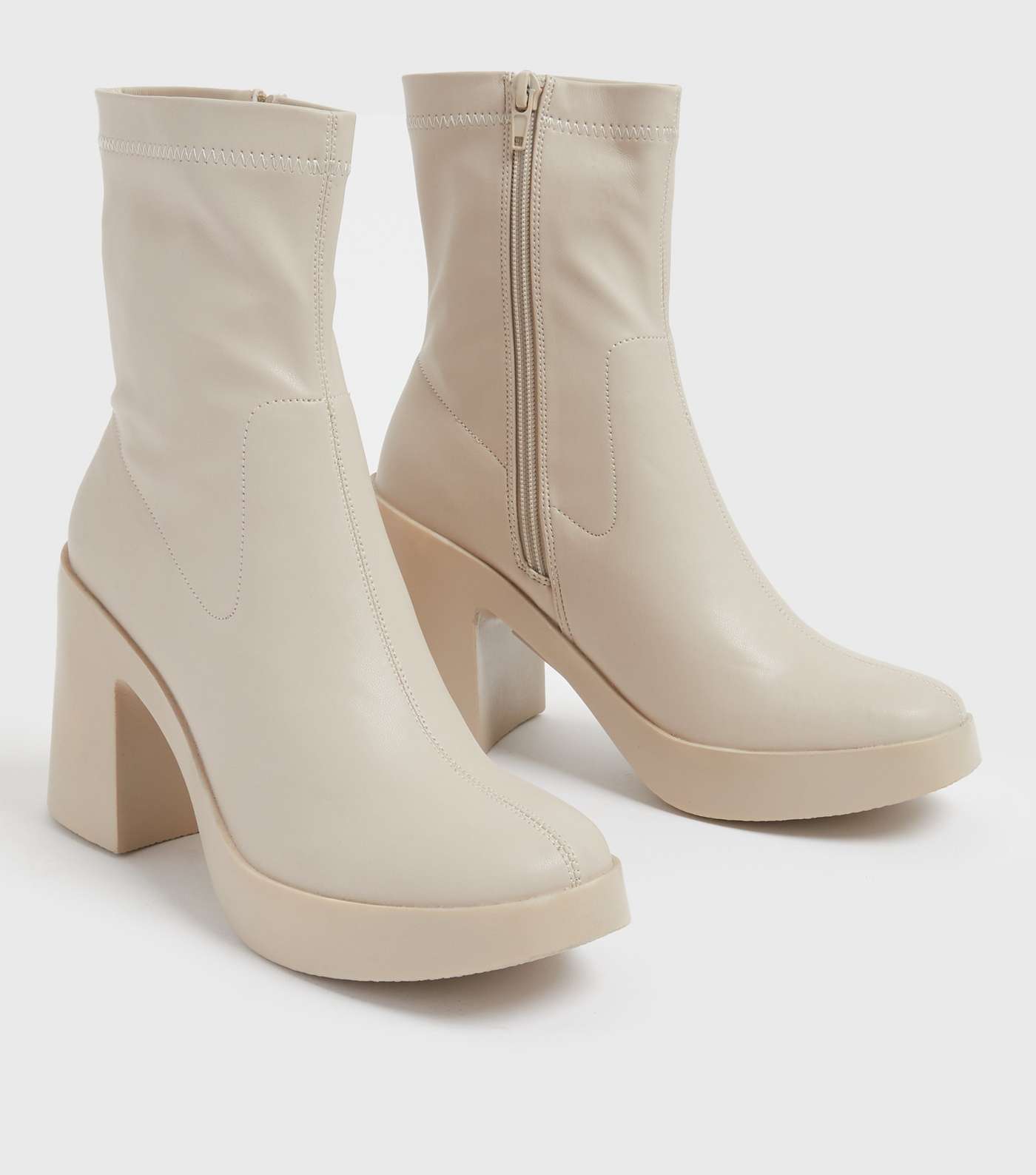 Off White Leather-Look Chunky Block Heel Sock Boots Image 3