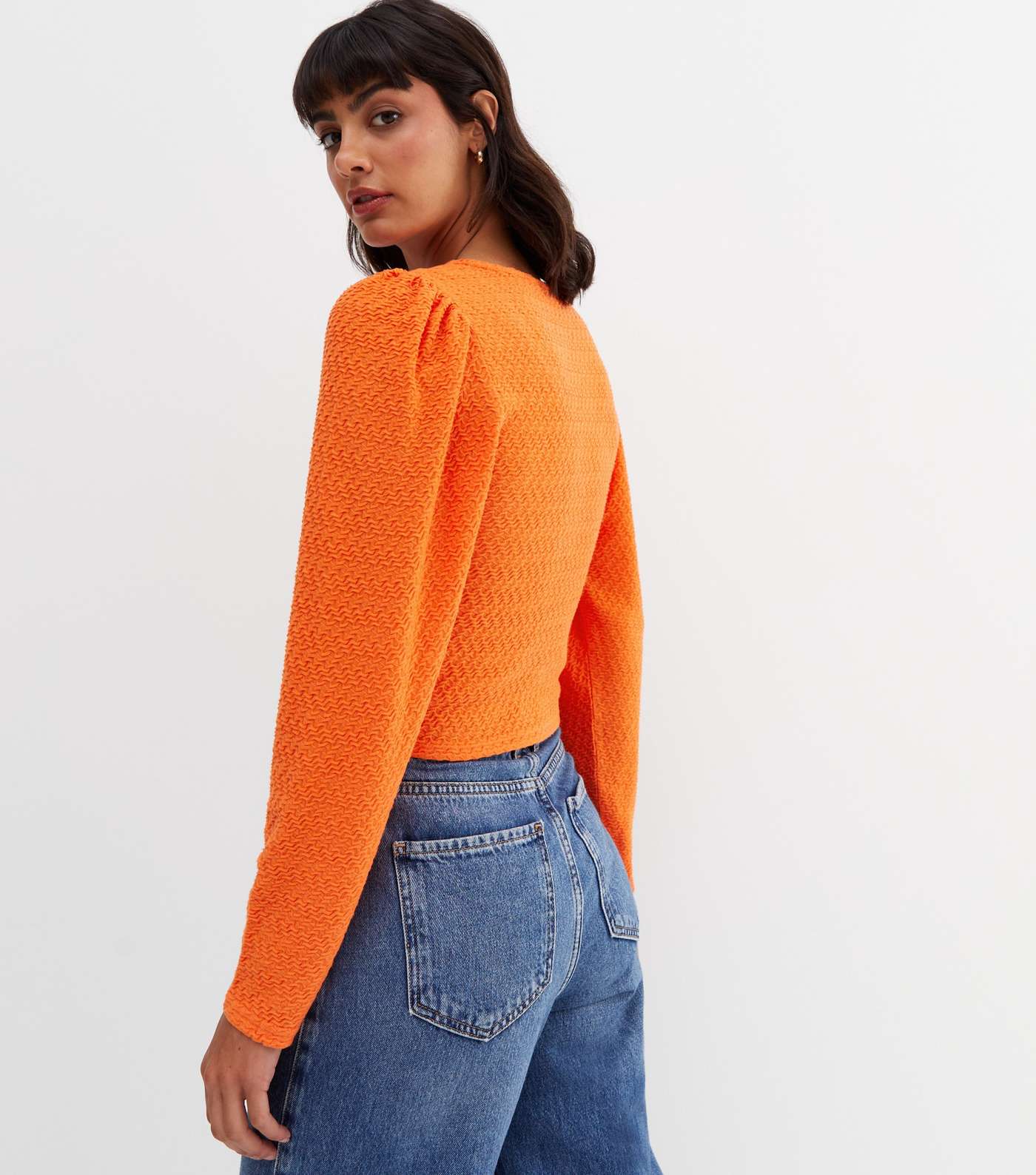 Bright Orange Textured Knit Ruched Long Sleeve Top Image 4