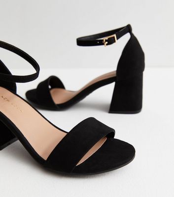 Black Suedette Mid Block Heel Sandals