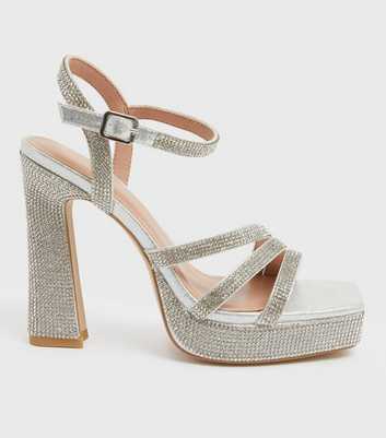 Silver Diamanté Block Heel Platform Sandals