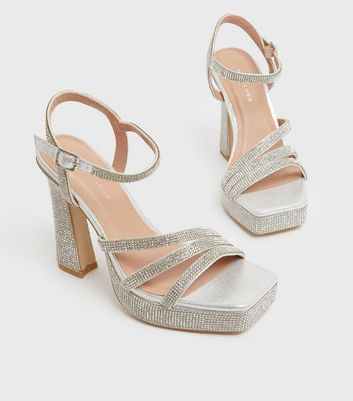 Silver diamante shop heels new look