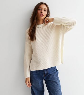 Off White Knit Crew Neck Split Hem Jumper | New Look