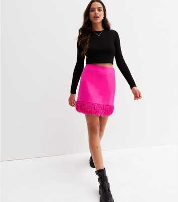 Bright Pink Faux Feather Hem Mini Skirt