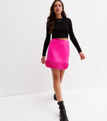 Bright Pink Faux Feather Hem Mini Skirt | New Look