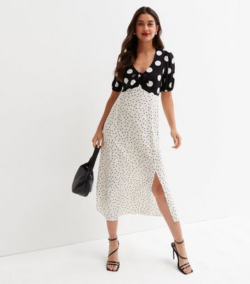 Black Mixed Spot V Neck Tie Front Midi Dress