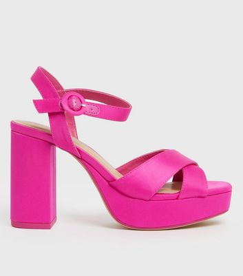 Little Mistress Bright Pink Diamanté Strappy Block Heel Sandals | New Look
