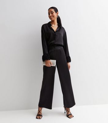 Tall Black Satin Trim Highwaisted Trousers  PrettyLittleThing