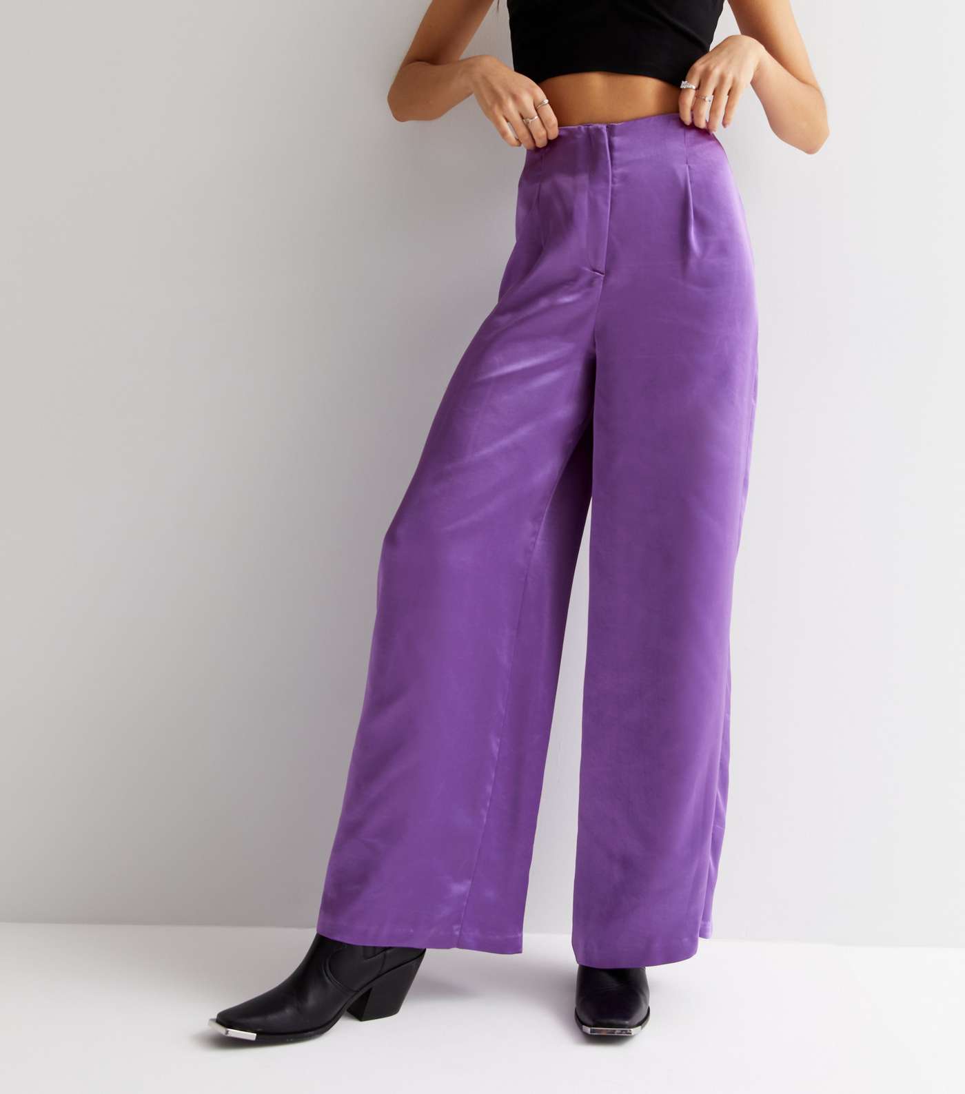 Purple Plain Satin Wide Leg Trousers Image 2