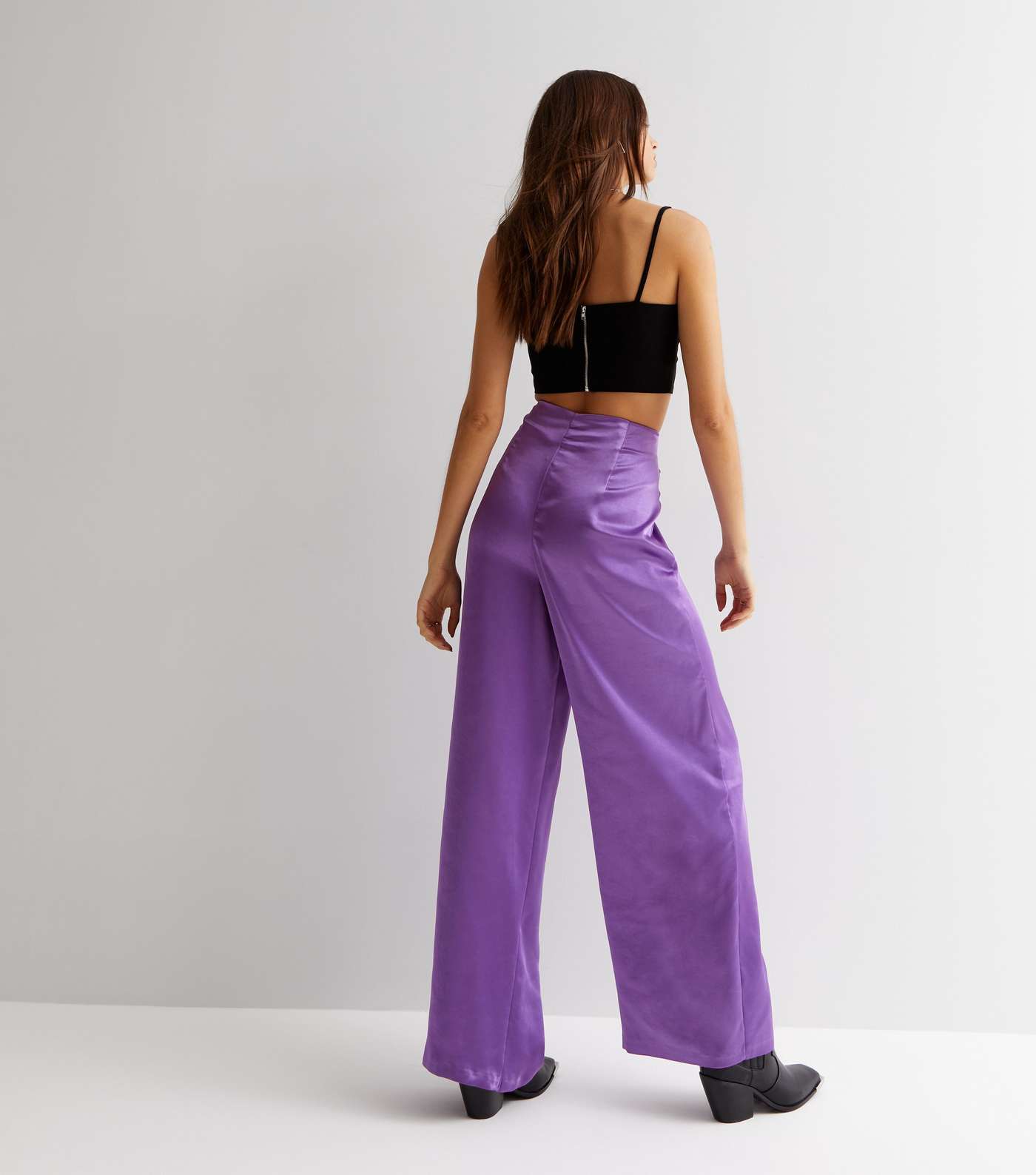Purple Plain Satin Wide Leg Trousers Image 4
