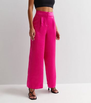 Bright Pink Satin High Waist Wide Leg Trousers | New Look