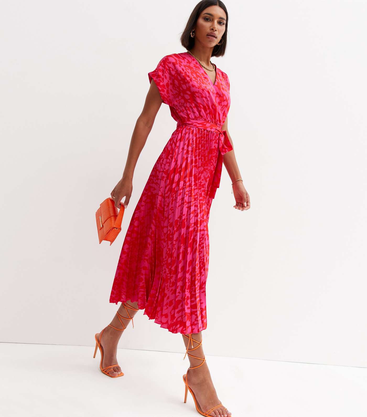 Pink Leopard Print Satin V Neck Pleated Midi Wrap Dress Image 2