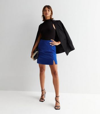 Bright Blue Satin Split Hem Mini Skirt New Look
