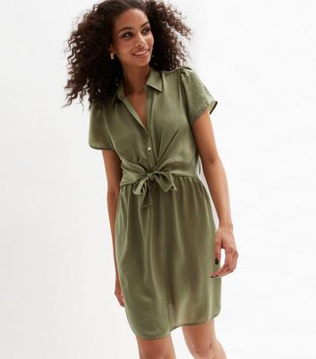 Khaki Short Sleeve Tie Front Mini Shirt Dress